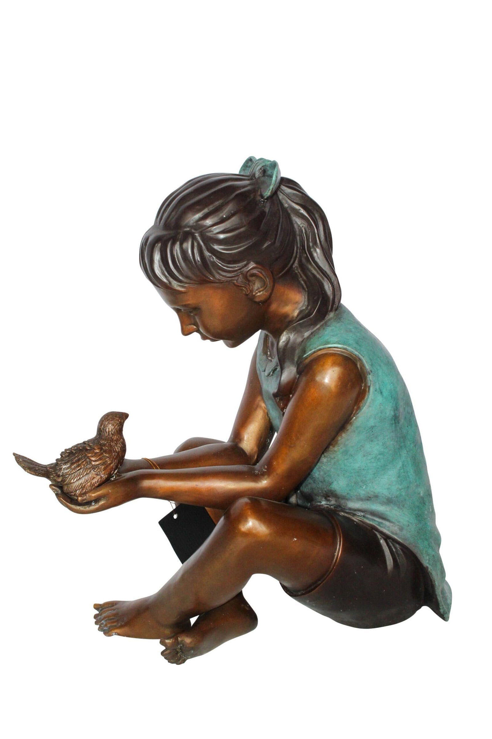 Bronze Girl Holding Bird Statue – Handcrafted Lost Wax Cast Sculpture with Natural Patina: Title:Bronze Girl Holding Bird Statue – Handcrafted Lost Wax Cast Sculpture with Natural Patina Finish – Heartwarming Decorative Artwork for Home, Garden, Bookshelf, 19" x 10" x 20"H