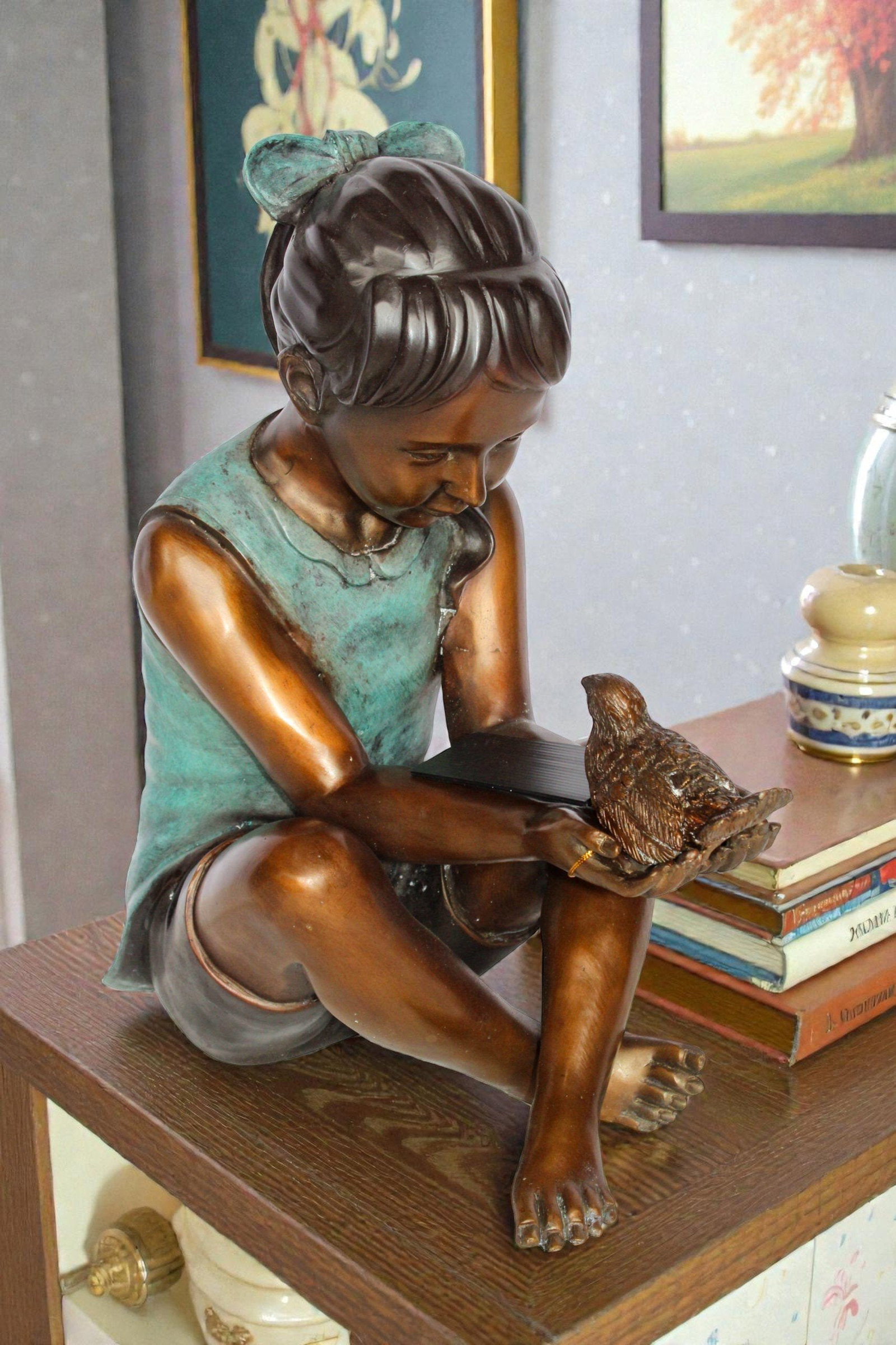 Bronze Girl Holding Bird Statue – Handcrafted Lost Wax Cast Sculpture with Natural Patina - 2