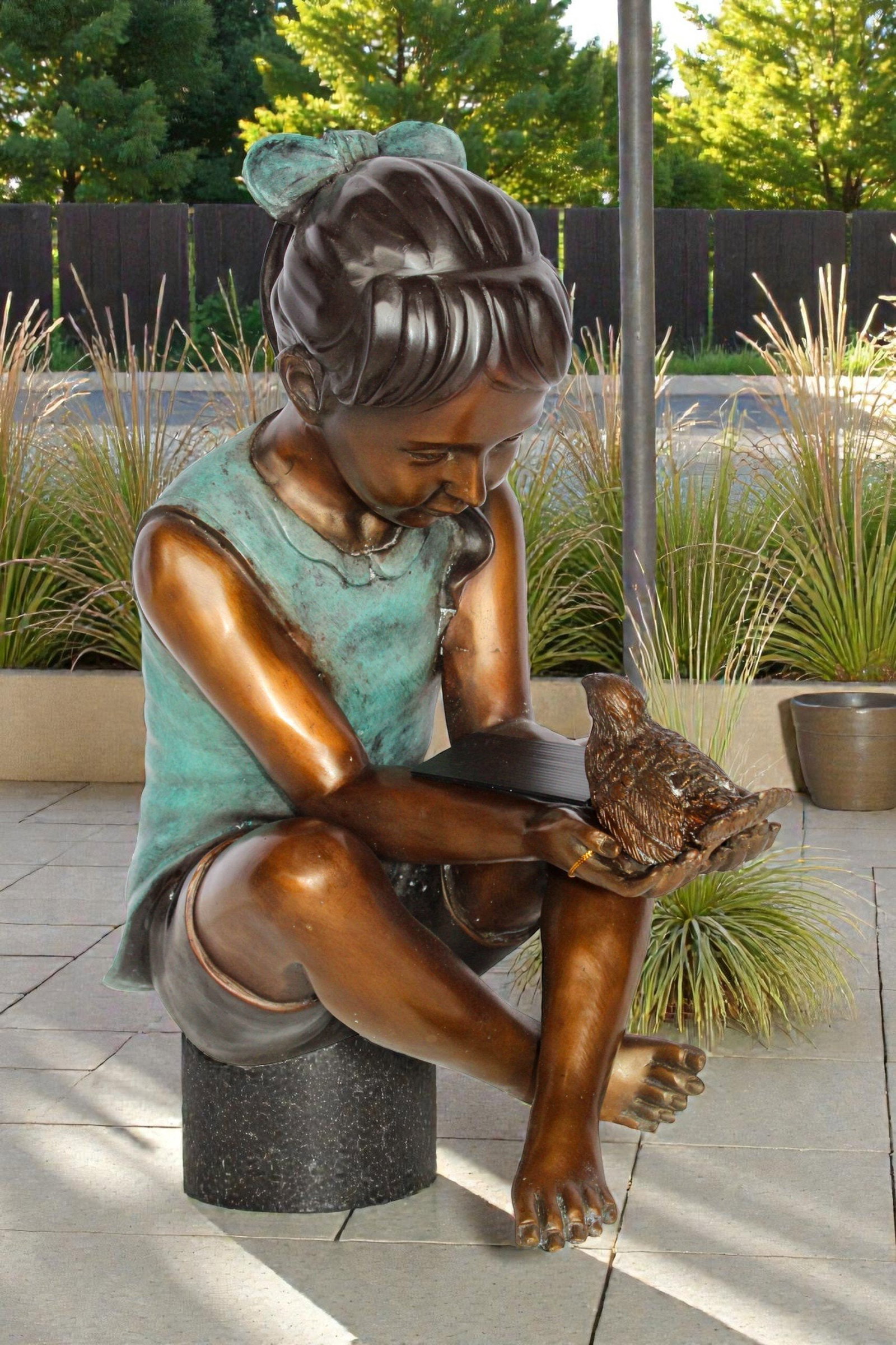 Bronze Girl Holding Bird Statue – Handcrafted Lost Wax Cast Sculpture with Natural Patina - 3