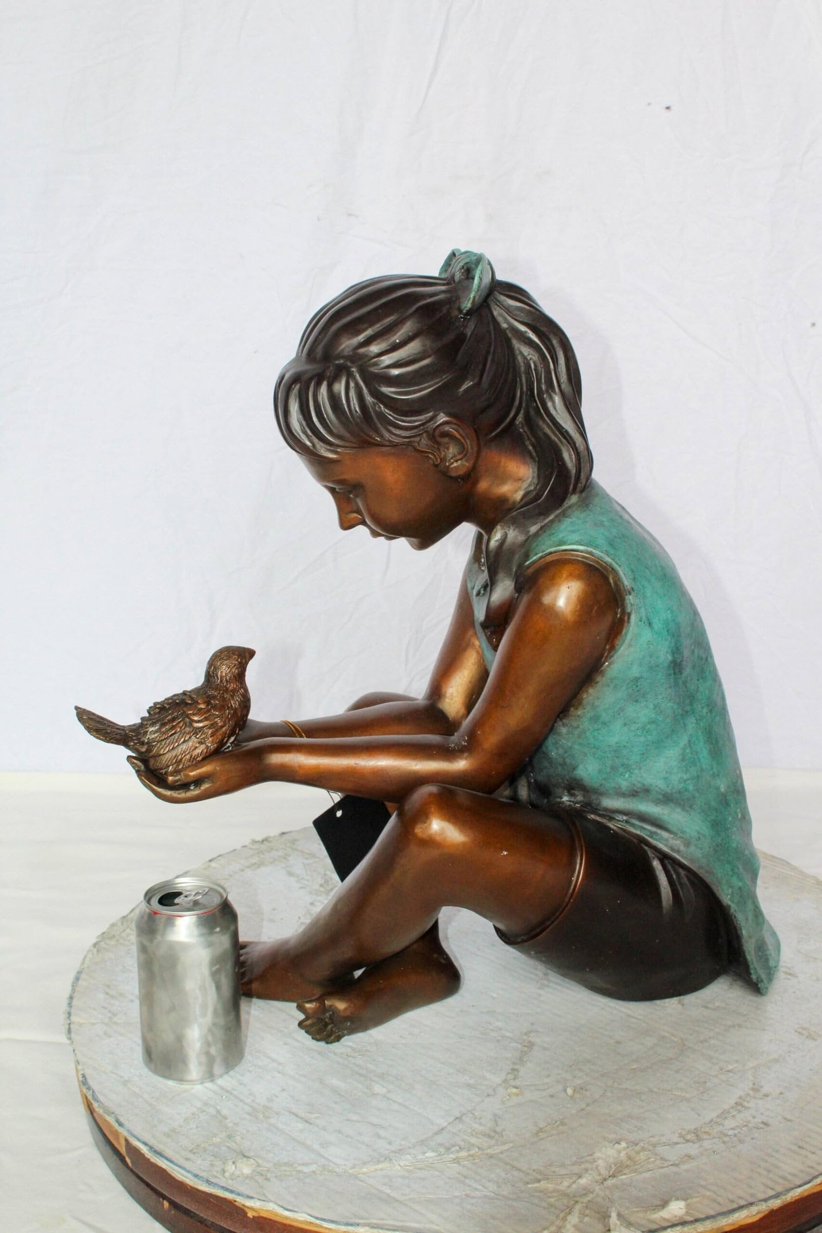 Bronze Girl Holding Bird Statue – Handcrafted Lost Wax Cast Sculpture with Natural Patina - 5