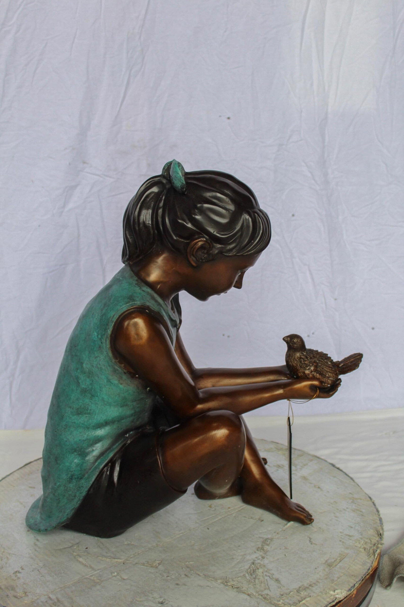 Bronze Girl Holding Bird Statue – Handcrafted Lost Wax Cast Sculpture with Natural Patina - 9