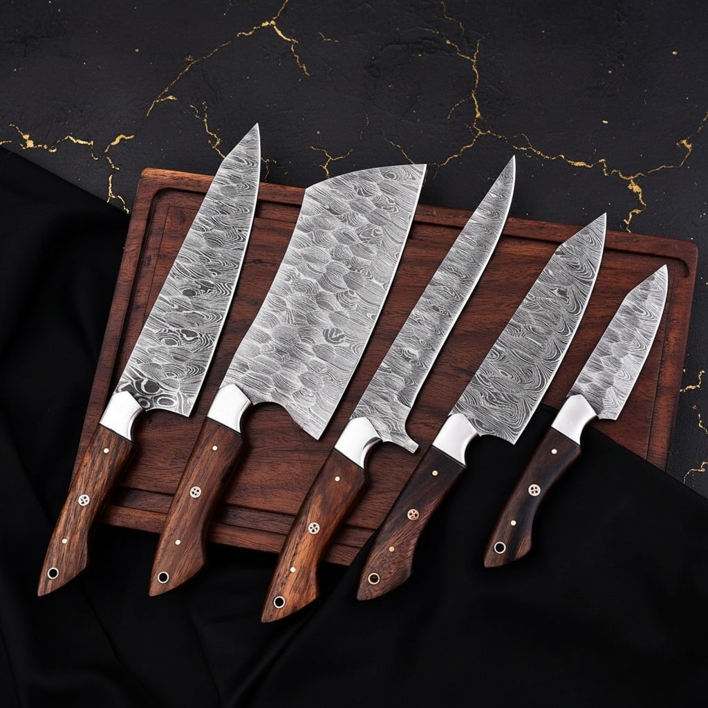 5 Pc Chef Knife Set Damascus Steel Blades Rosewood Handles Handcrafted - 2