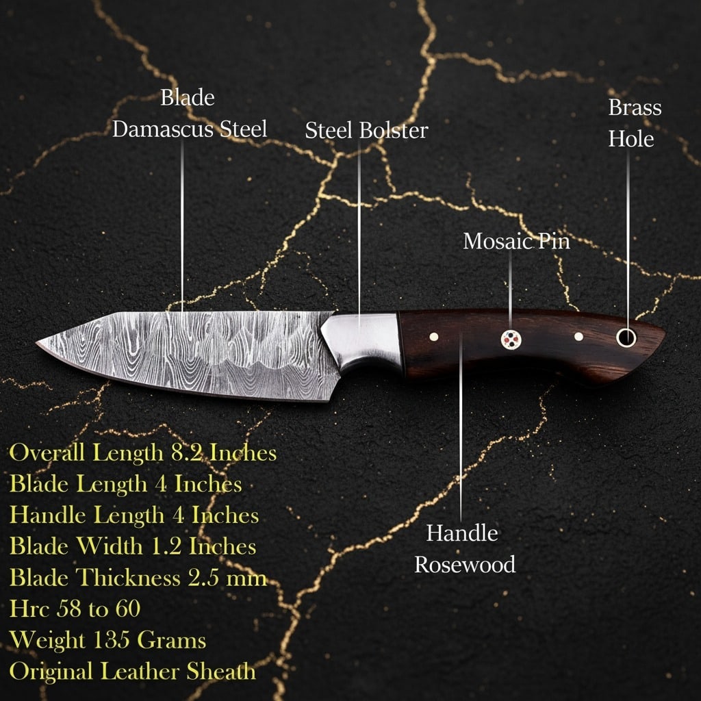 5 Pc Chef Knife Set Damascus Steel Blades Rosewood Handles Handcrafted - 7