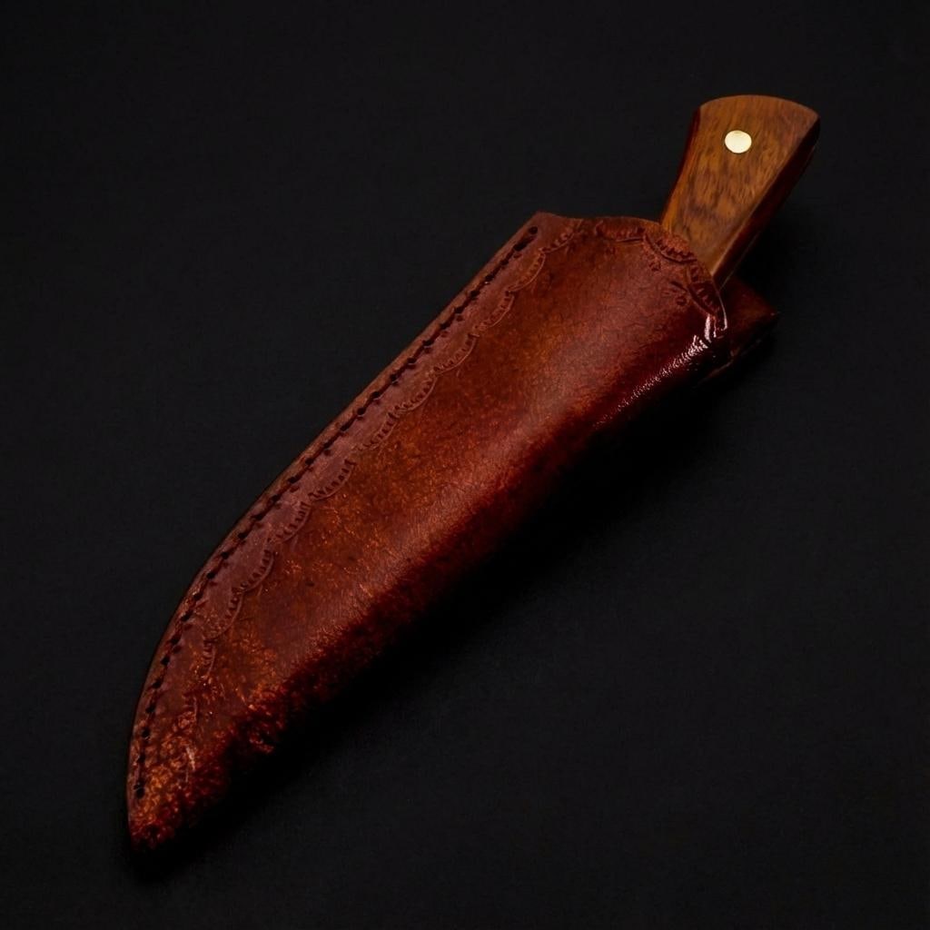 9" Damascus Steel Skinner Hunting Knife - Handmade, Rose Wood Handle, Leather Sheath - 6