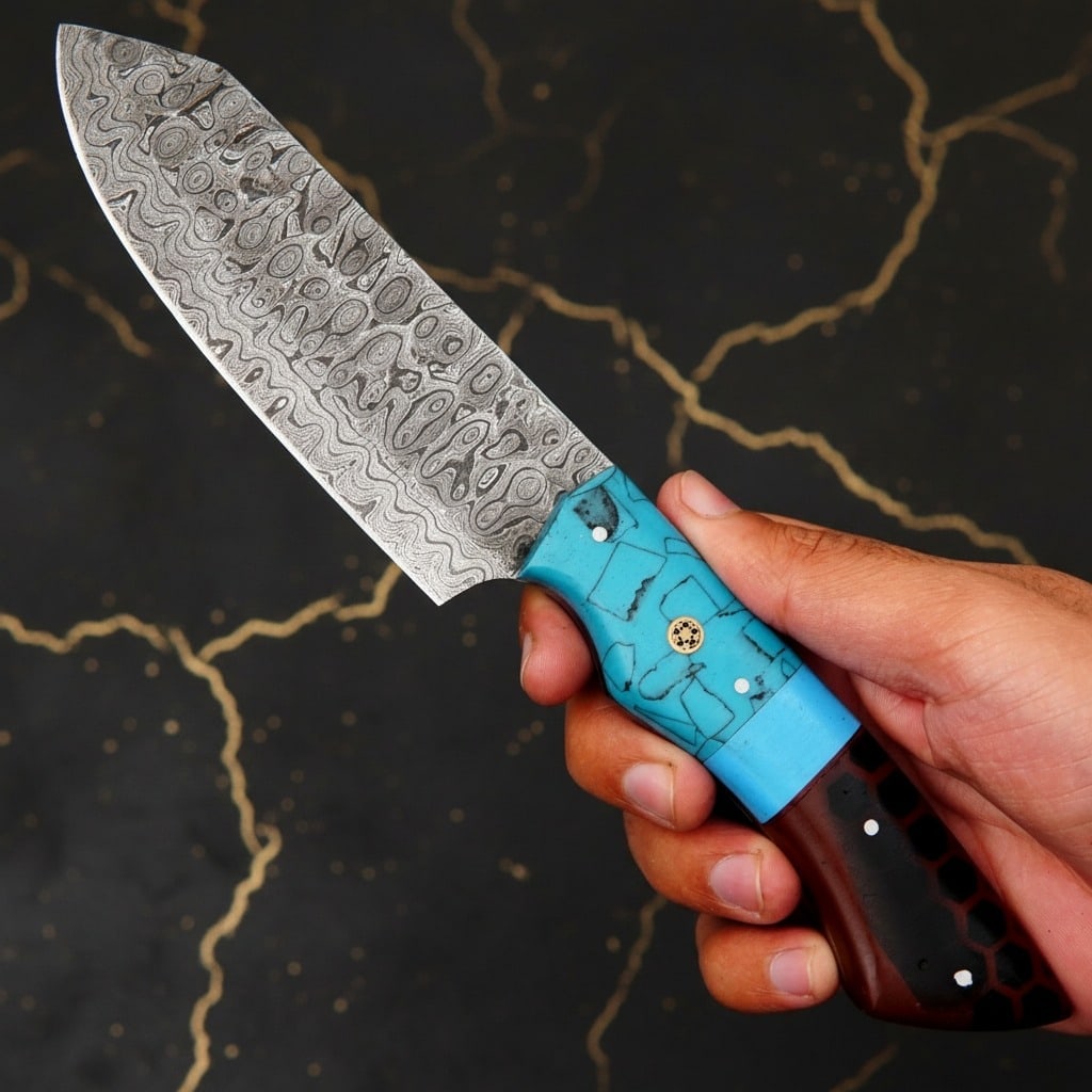 Hand-Forged Damascus Steel 5-Piece Chef Knife Set with Leather Roll Case - 2