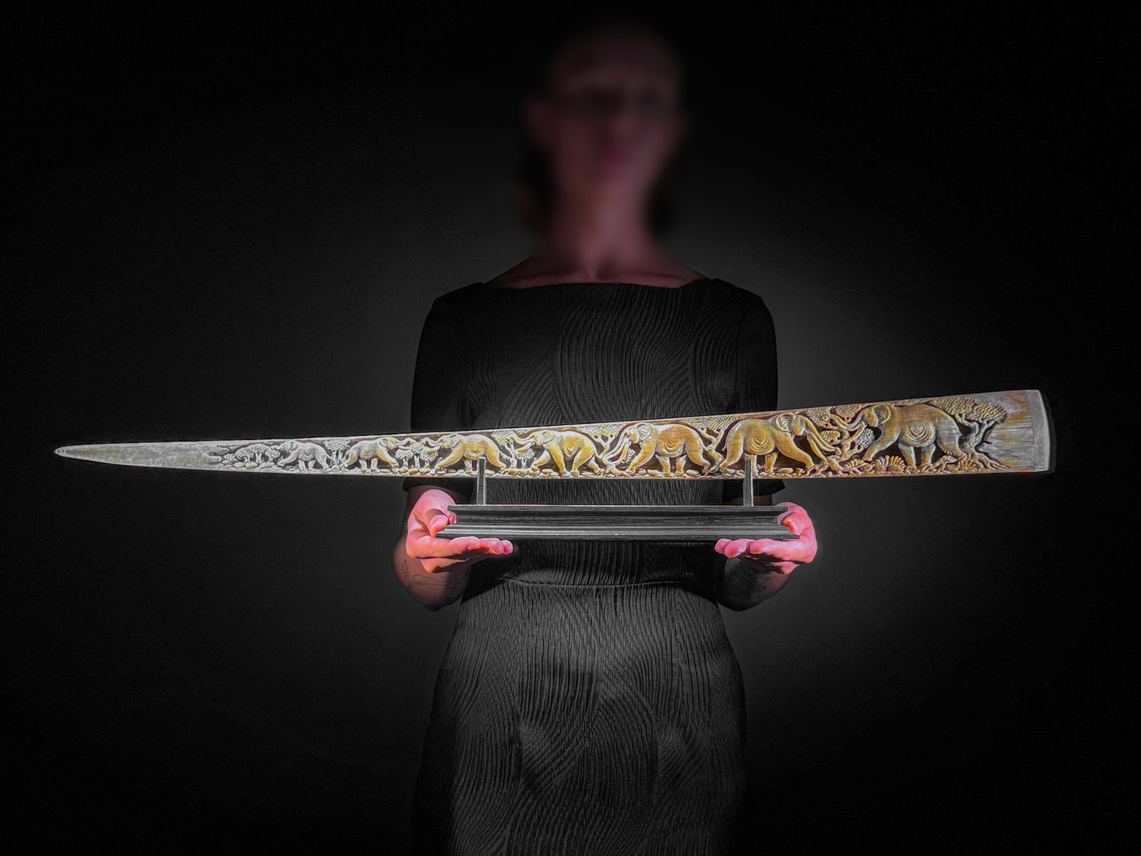 A stunning carved swordfish rostrum - Parade of Savannah elephants: Title: A stunning carved swordfish rostrum - Parade of Savannah elephants Maker:Unknown Origin: Indonesia Date/Period:2026 Materials:Xiphias Gladius, Bone, Wood Dimensions:Length: 88 cm / 34.6 inches