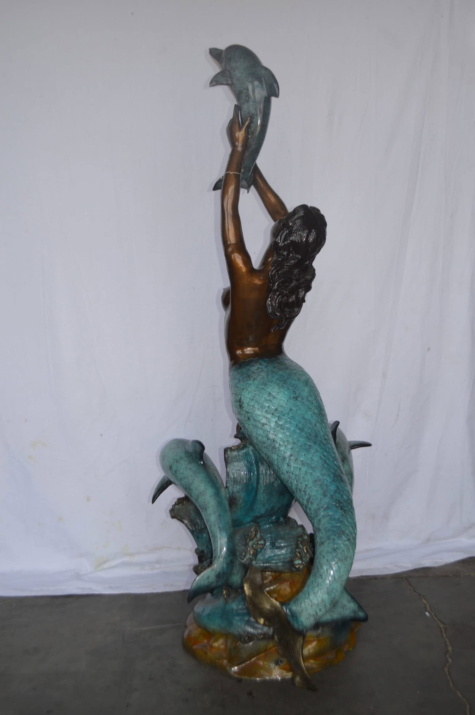 Mermaid and Three dolphins fountain bronze statue - Size: 34"L x 41"W x 83"H. - 10