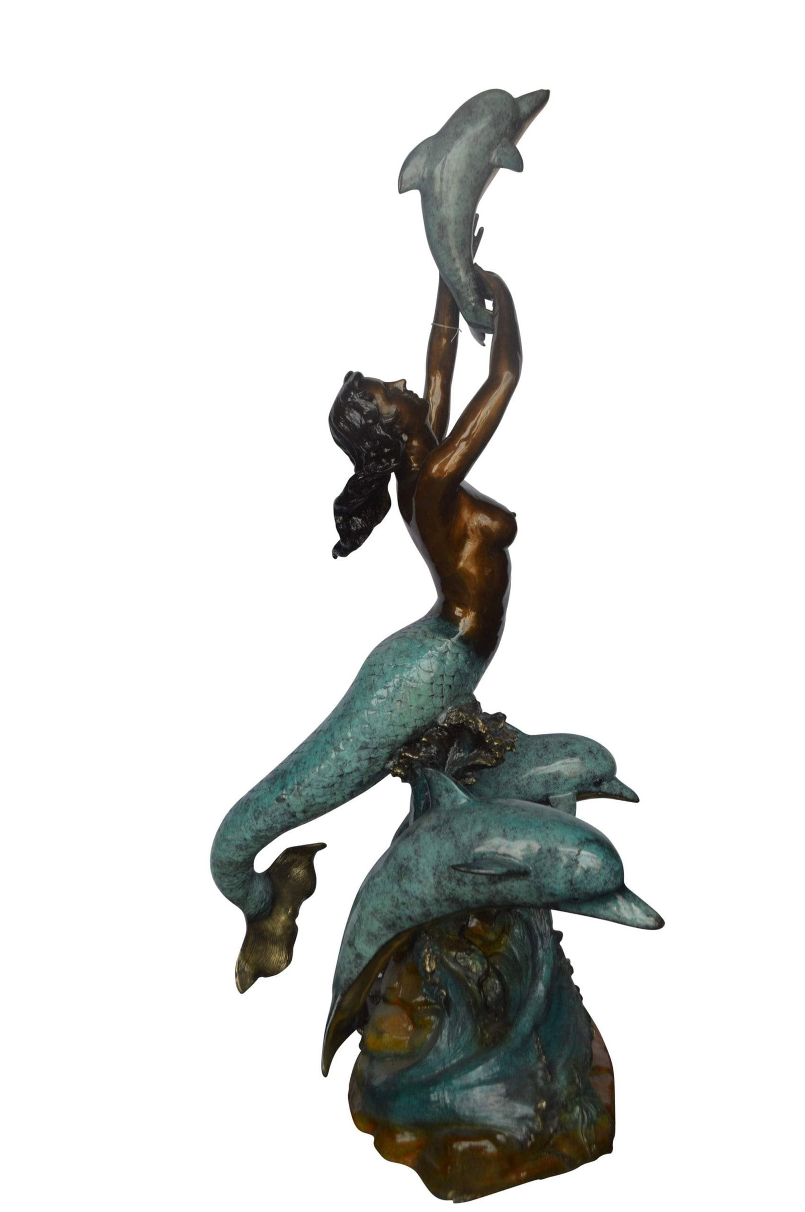 Mermaid and Three dolphins fountain bronze statue - Size: 34"L x 41"W x 83"H.: Title:Mermaid and Three dolphins fountain bronze statue - Size: 34"L x 41"W x 83"H. Description:This graceful bronze statue of a mermaid depicts her relationship with the sea and creatures. Showing
