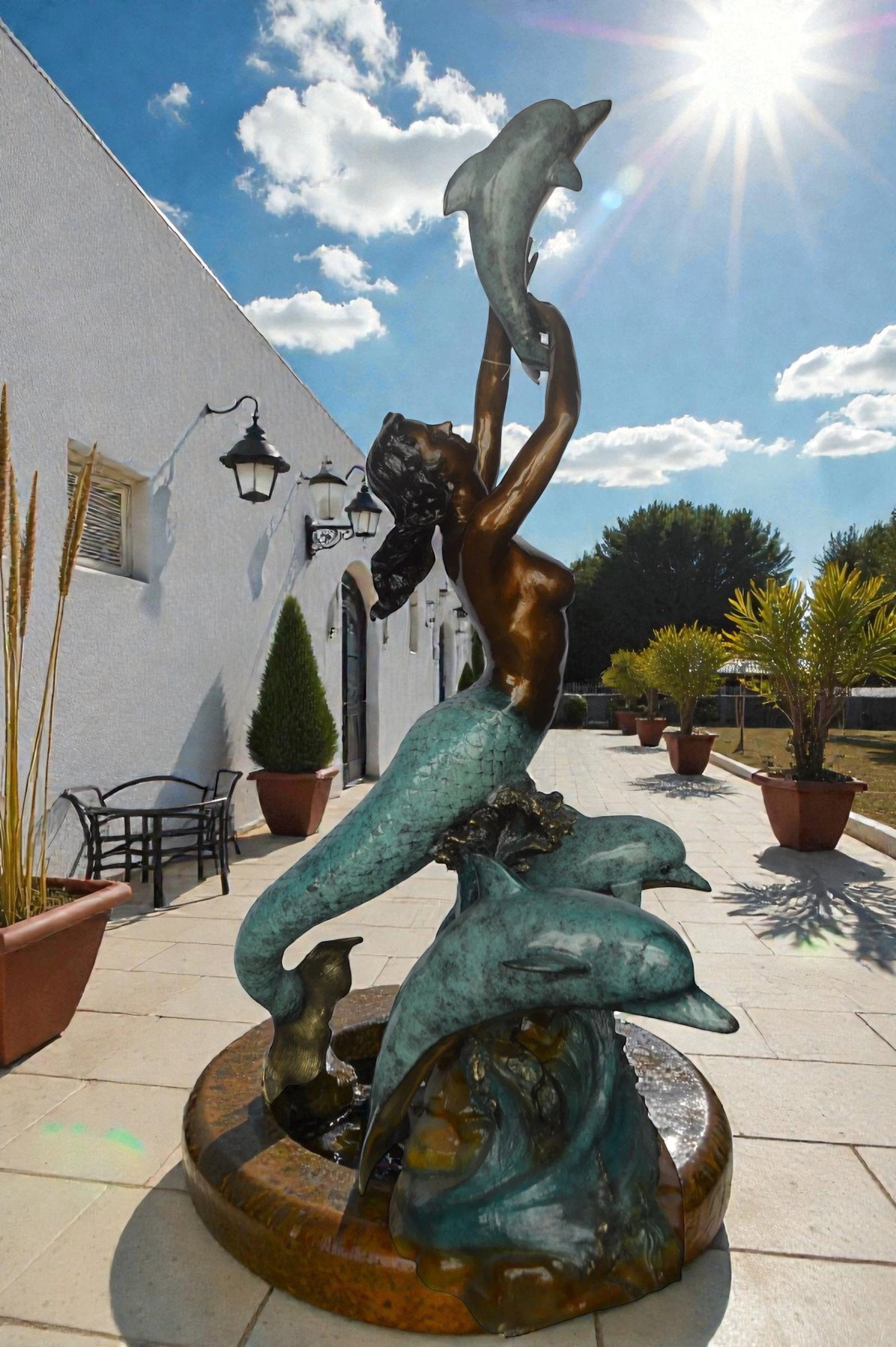 Mermaid and Three dolphins fountain bronze statue - Size: 34"L x 41"W x 83"H. - 2