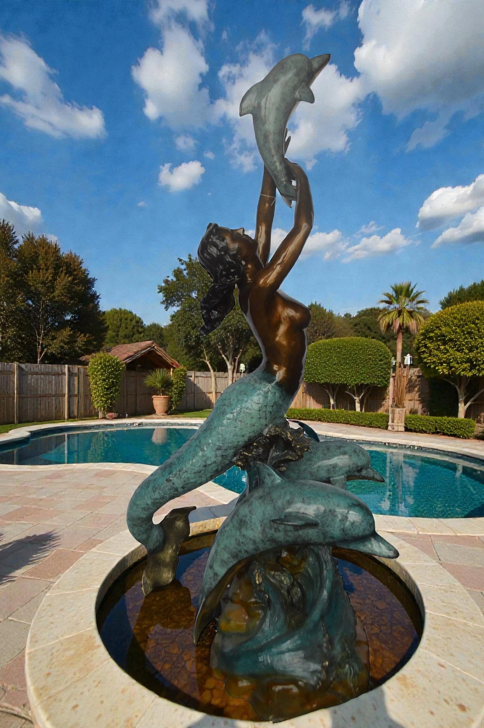 Mermaid and Three dolphins fountain bronze statue - Size: 34"L x 41"W x 83"H. - 3