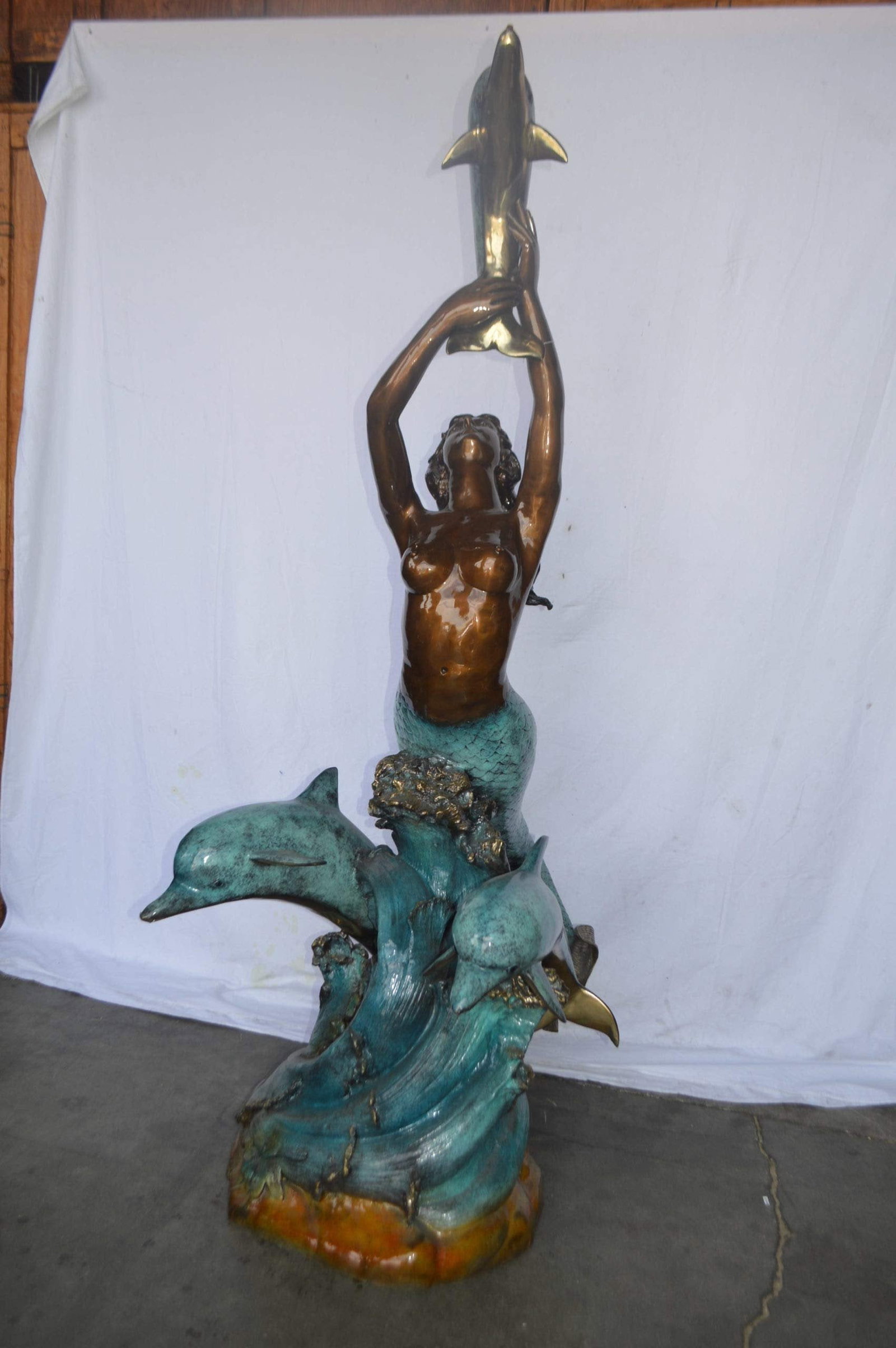 Mermaid and Three dolphins fountain bronze statue - Size: 34"L x 41"W x 83"H. - 4