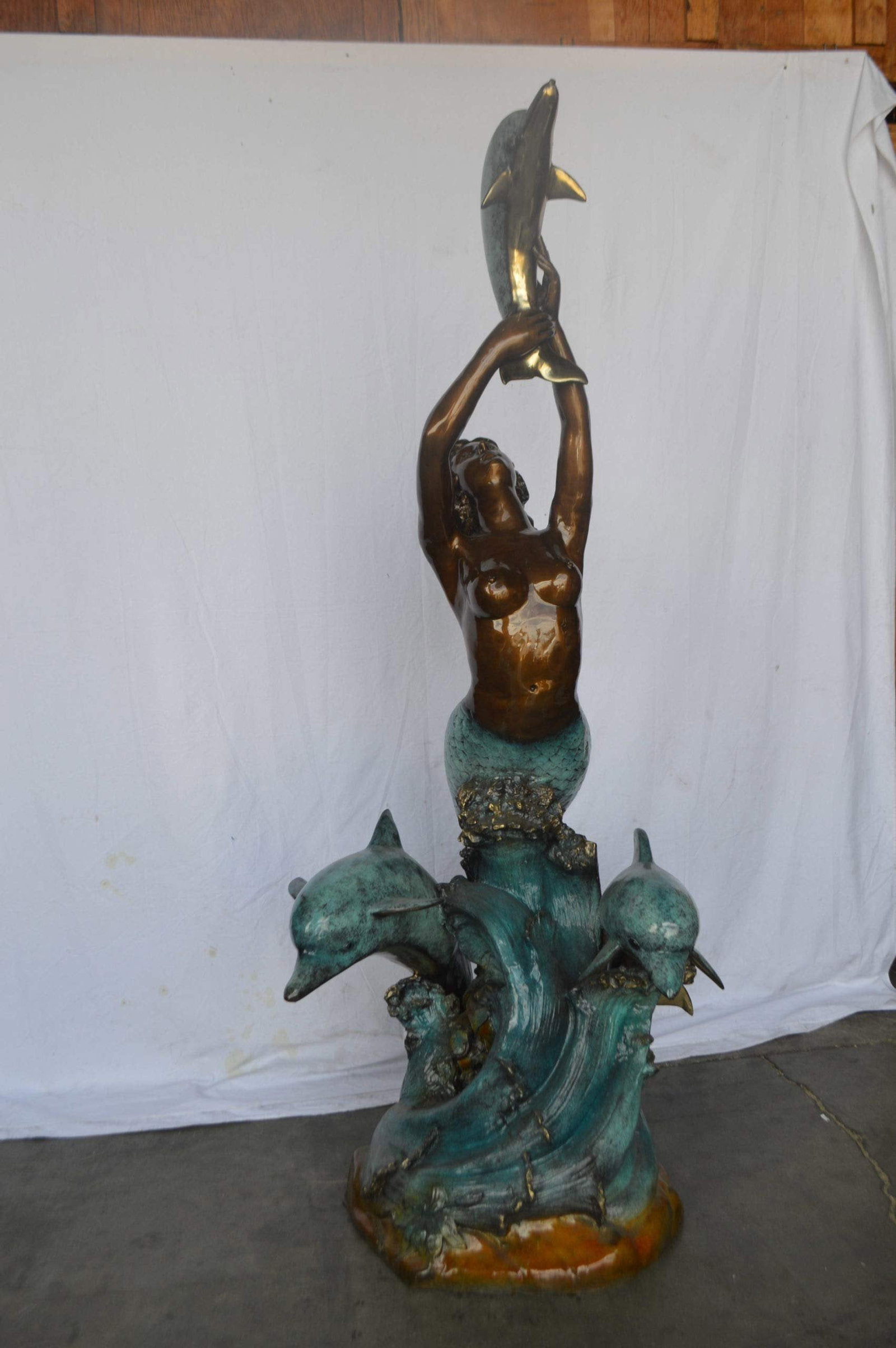 Mermaid and Three dolphins fountain bronze statue - Size: 34"L x 41"W x 83"H. - 5