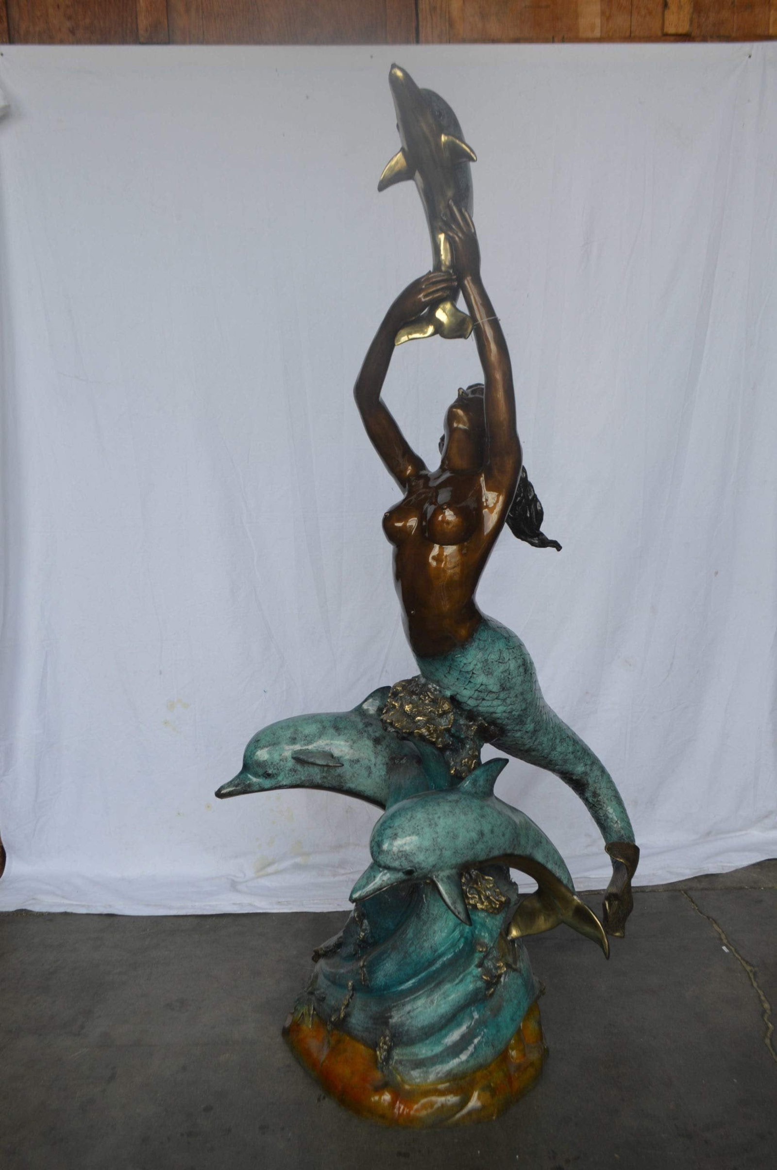 Mermaid and Three dolphins fountain bronze statue - Size: 34"L x 41"W x 83"H. - 7