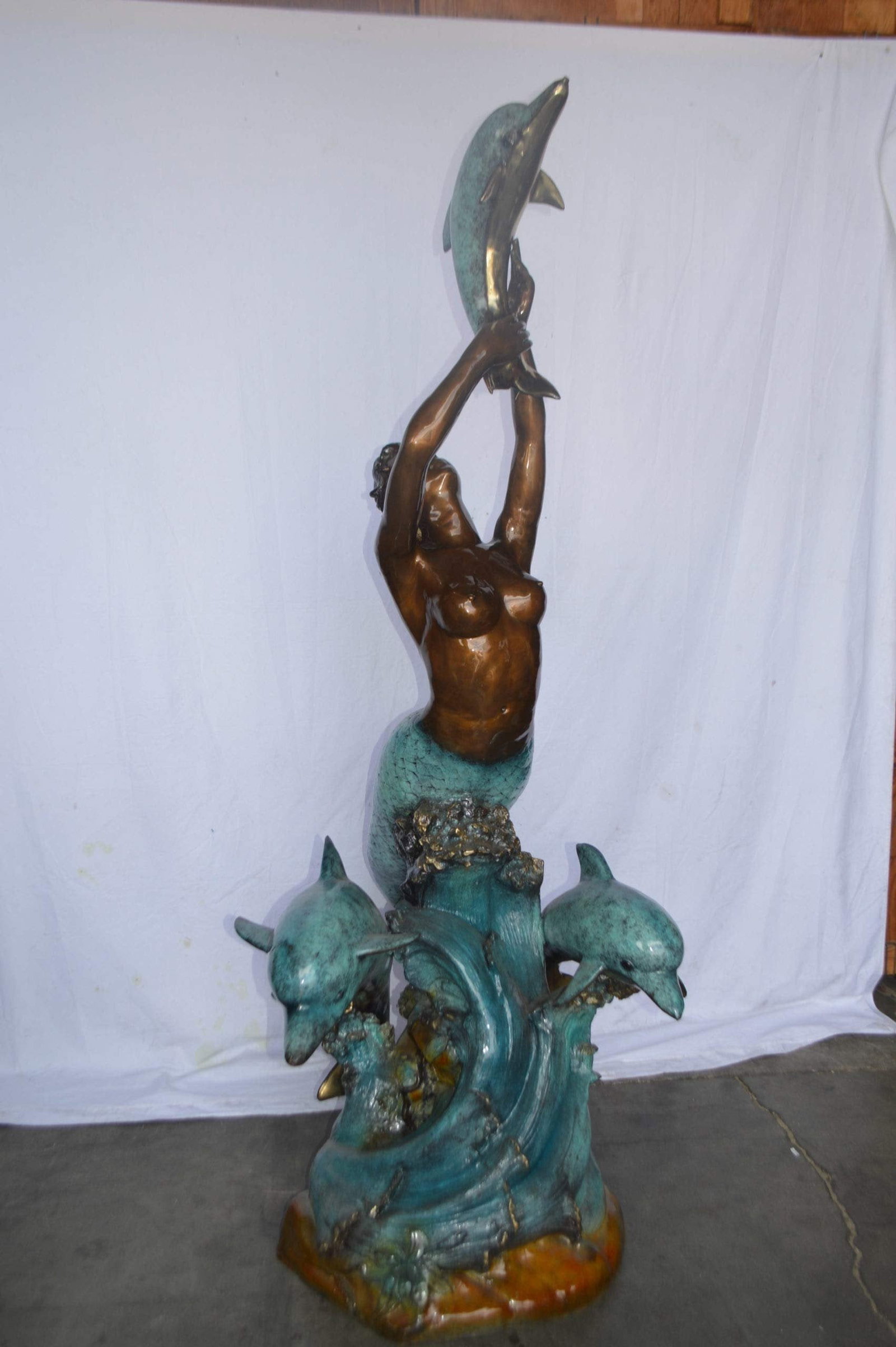 Mermaid and Three dolphins fountain bronze statue - Size: 34"L x 41"W x 83"H. - 8