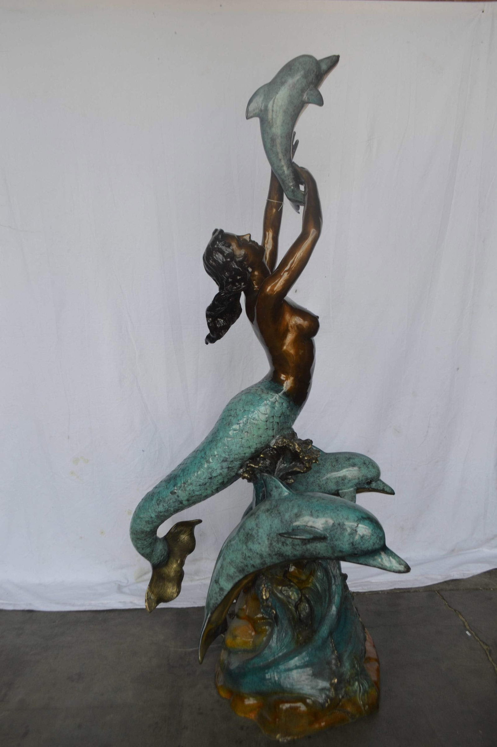 Mermaid and Three dolphins fountain bronze statue - Size: 34"L x 41"W x 83"H. - 9