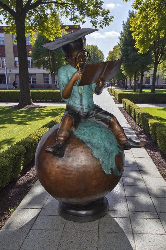 Student learning on top of world bronze statue - Size: 28"L x 24"W x 52"H. - 2