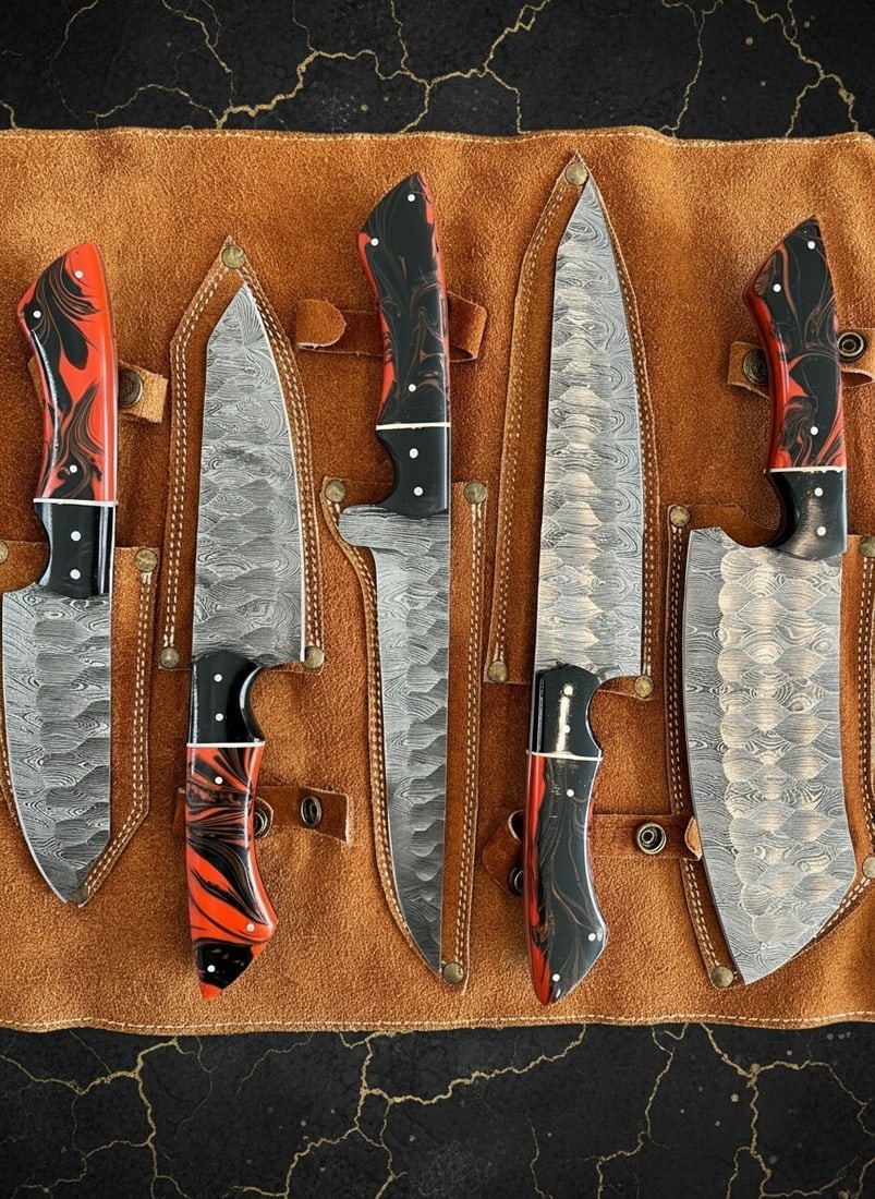 5pc Chef Knife Set Damascus Steel Hammered Blade Resin Grip Leather Roll - 4