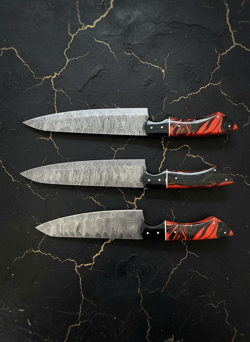 5pc Chef Knife Set Damascus Steel Hammered Blade Resin Grip Leather Roll - 5