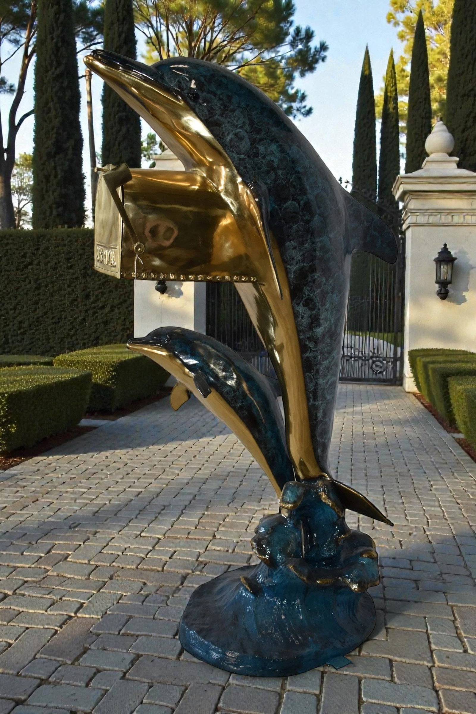 Two Dolphins Mailbox Made of Bronze Statue Size: 48" x 31" x 68"H - 2