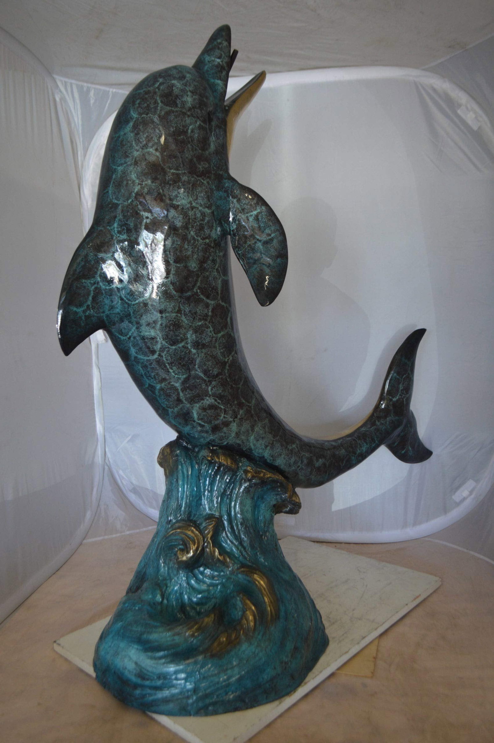 Single Dolphin On Wave Fountain Bronze Statue - Size: 48"L x 24"W x 53"H. - 10
