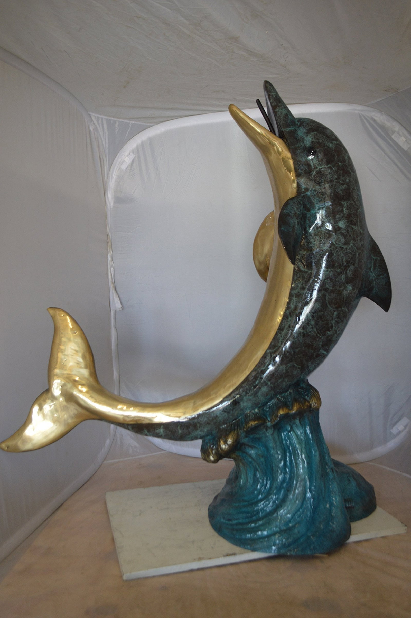 Single Dolphin On Wave Fountain Bronze Statue - Size: 48"L x 24"W x 53"H. - 11