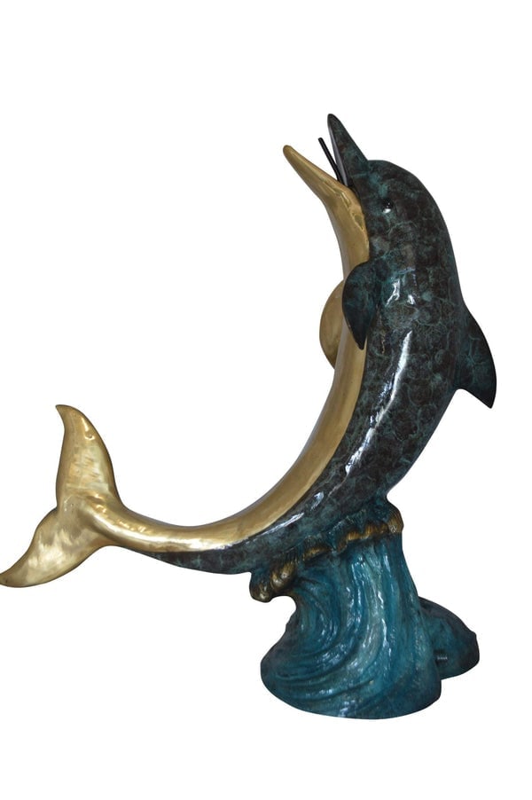 Single Dolphin On Wave Fountain Bronze Statue - Size: 48"L x 24"W x 53"H.: Title:Single Dolphin On Wave Fountain Bronze Statue - Size: 48"L x 24"W x 53"H. Description:Surprise your garden guests with this large size outdoor Bronze fountain Statue of a Dolphin jumping out of