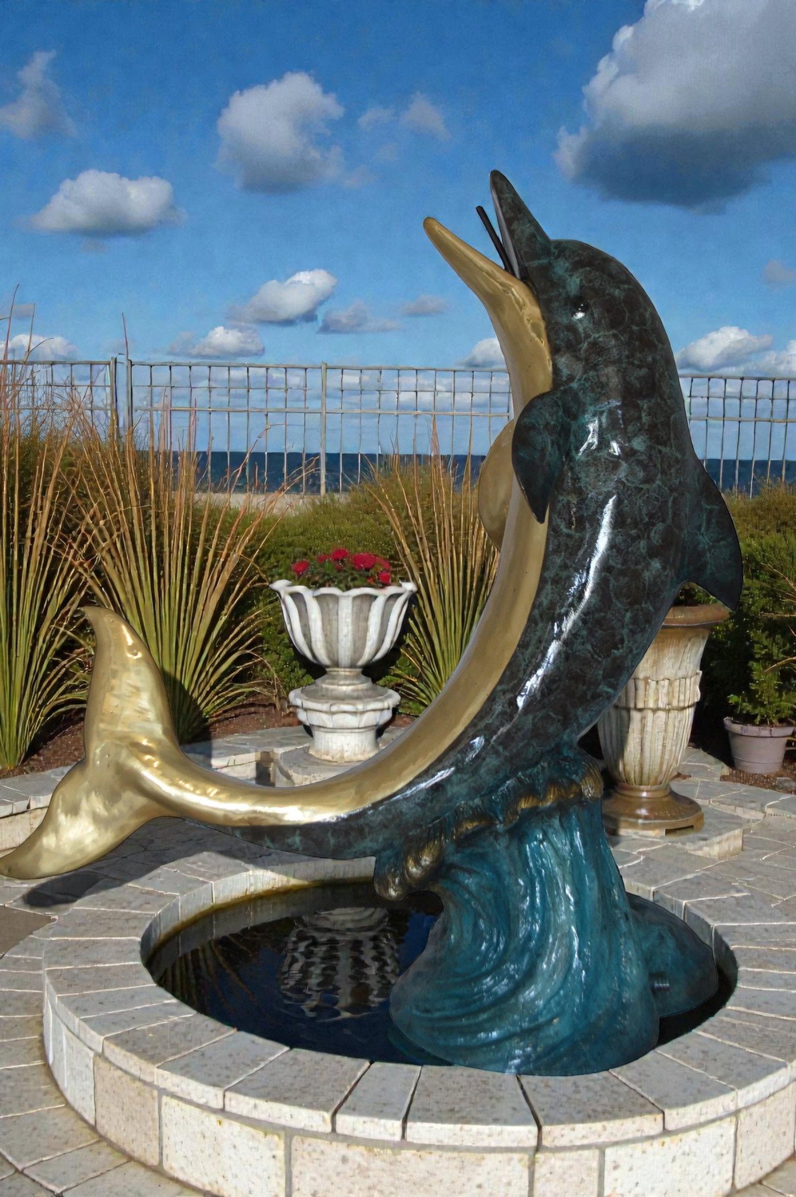 Single Dolphin On Wave Fountain Bronze Statue - Size: 48"L x 24"W x 53"H. - 2