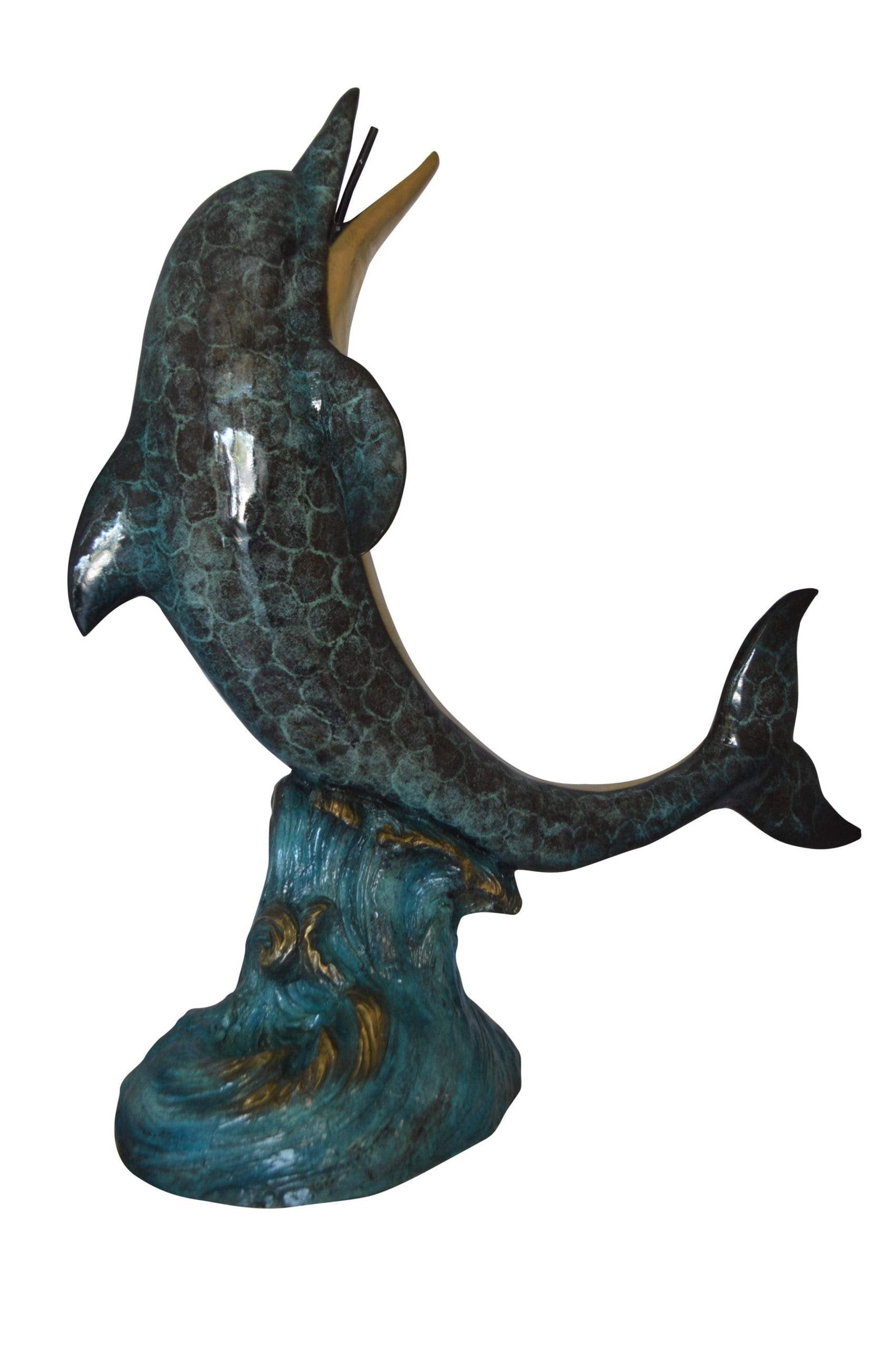 Single Dolphin On Wave Fountain Bronze Statue - Size: 48"L x 24"W x 53"H. - 3