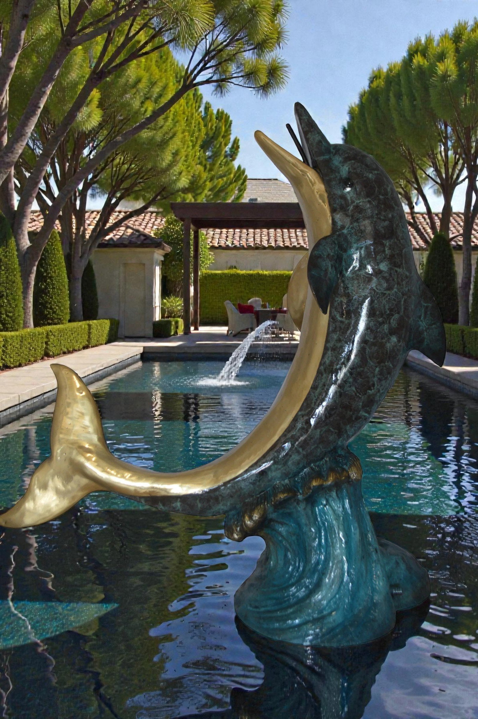 Single Dolphin On Wave Fountain Bronze Statue - Size: 48"L x 24"W x 53"H. - 4