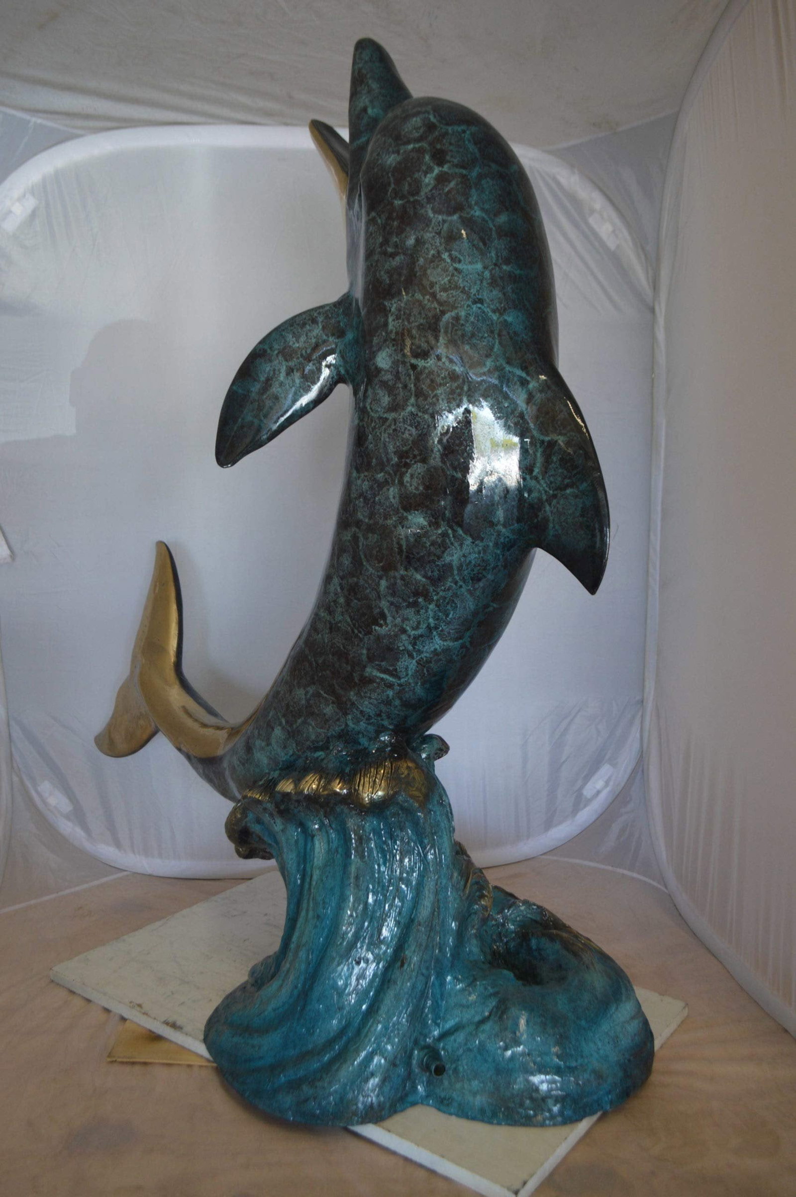 Single Dolphin On Wave Fountain Bronze Statue - Size: 48"L x 24"W x 53"H. - 9