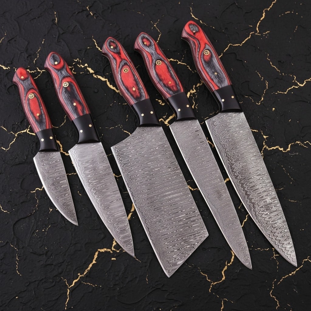 5pc Damascus Steel Kitchen Knife Set, Red Pakkawood Handle, Artisan Gift - 2