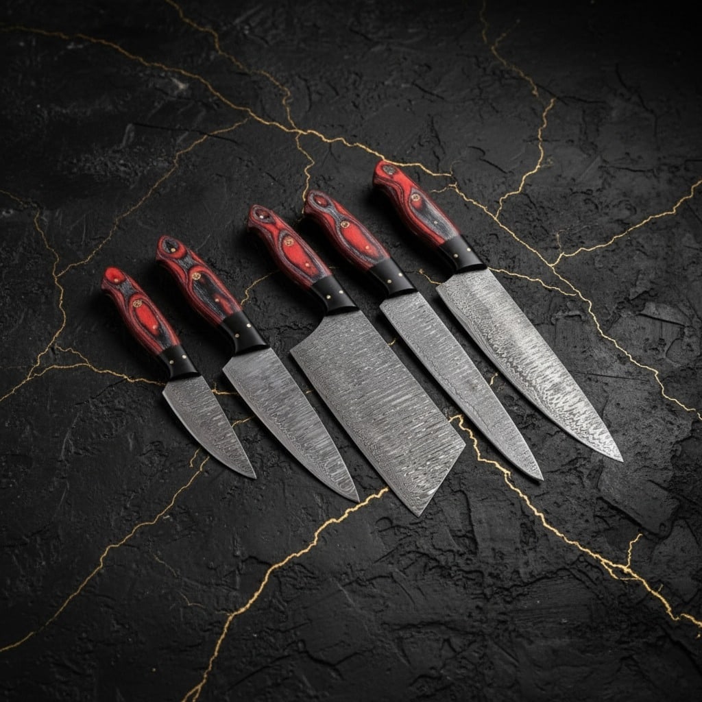 5pc Damascus Steel Kitchen Knife Set, Red Pakkawood Handle, Artisan Gift - 3