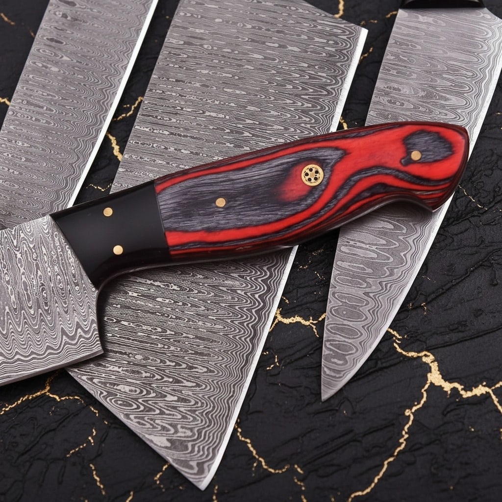 5pc Damascus Steel Kitchen Knife Set, Red Pakkawood Handle, Artisan Gift - 4