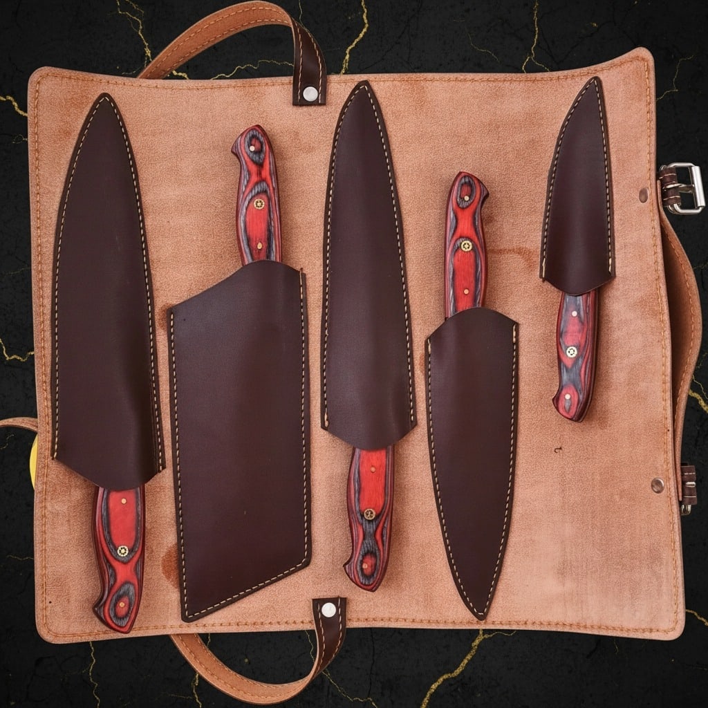 5pc Damascus Steel Kitchen Knife Set, Red Pakkawood Handle, Artisan Gift - 6