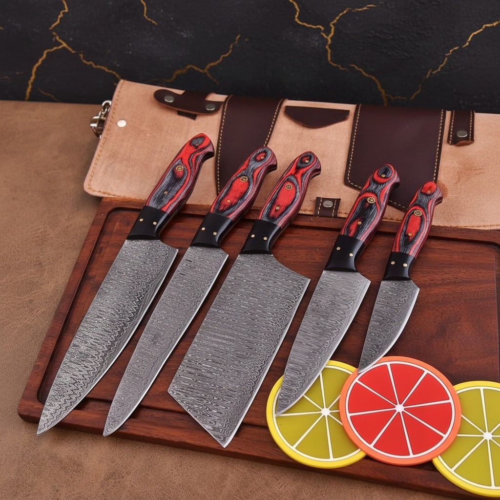 5pc Damascus Steel Kitchen Knife Set, Red Pakkawood Handle, Artisan Gift - 7