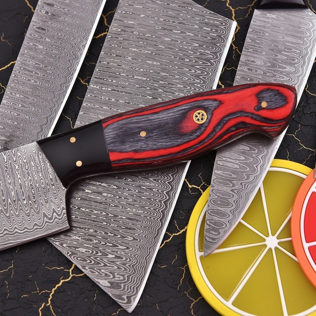 5pc Damascus Steel Kitchen Knife Set, Red Pakkawood Handle, Artisan Gift - 8
