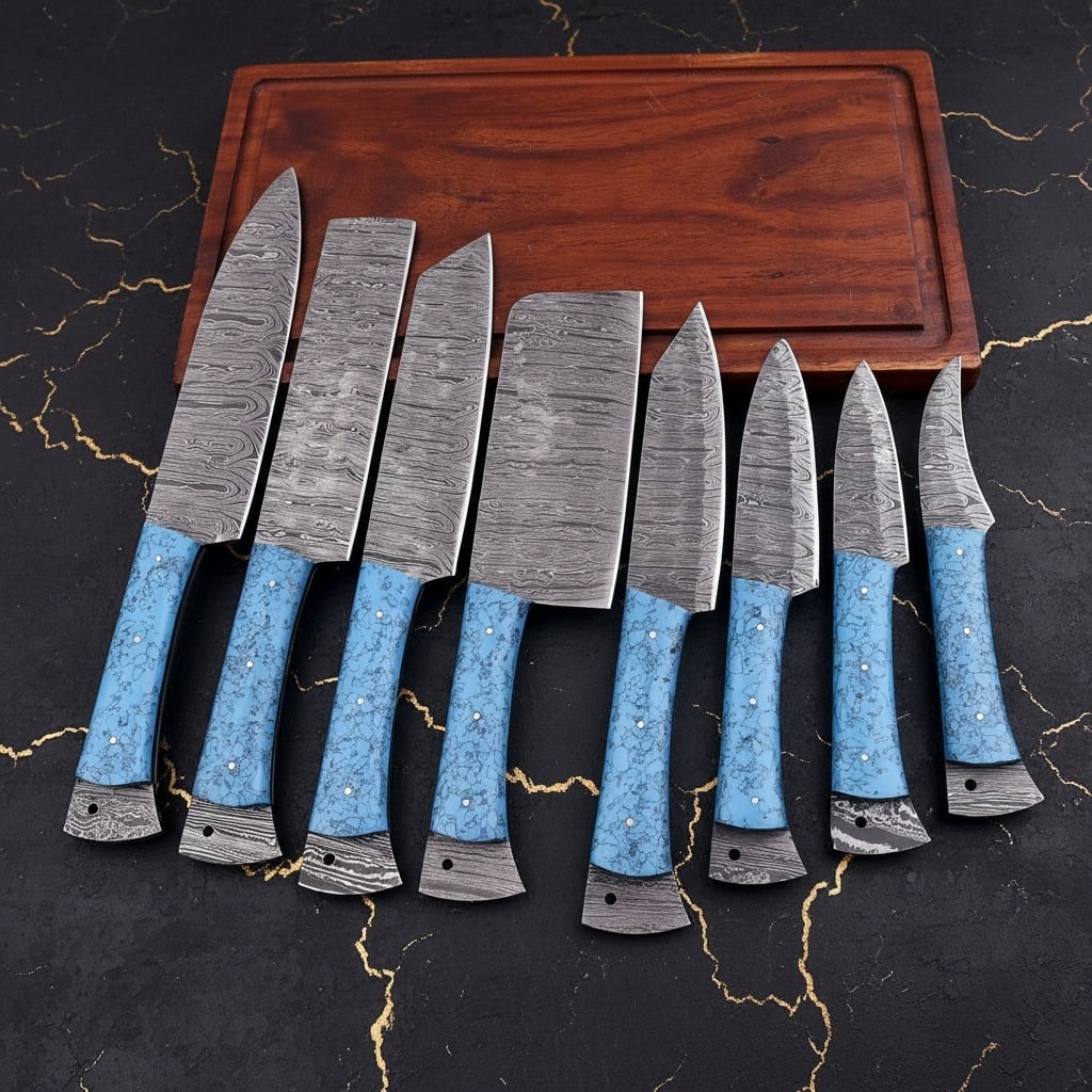 8PC Damascus Steel Chef Knife Set Hammered Blades Resin Handle Leather Roll (1 of 6)