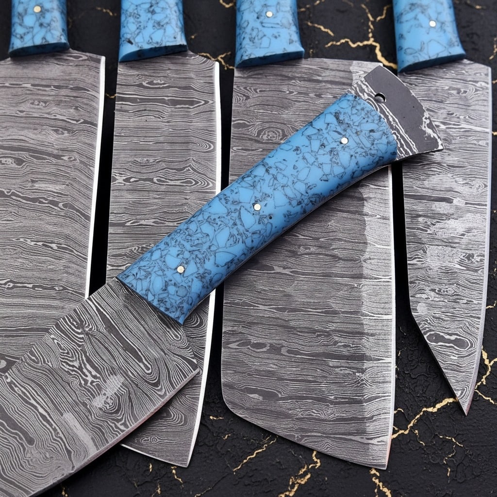 8PC Damascus Steel Chef Knife Set Hammered Blades Resin Handle Leather Roll - 2