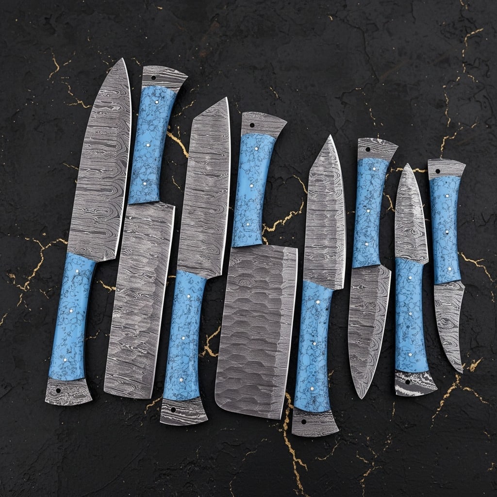 8PC Damascus Steel Chef Knife Set Hammered Blades Resin Handle Leather Roll - 3