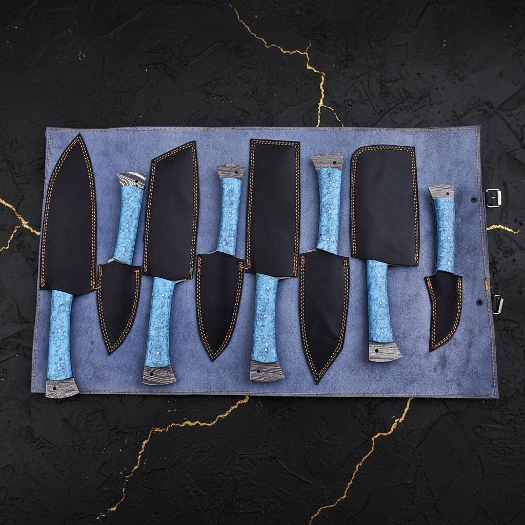8PC Damascus Steel Chef Knife Set Hammered Blades Resin Handle Leather Roll - 4