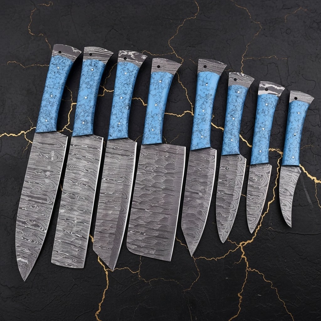 8PC Damascus Steel Chef Knife Set Hammered Blades Resin Handle Leather Roll - 5