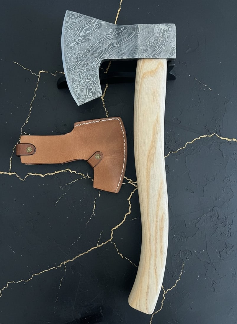 Hand-Forged 18" Damascus Steel Tomahawk Hatchet Wood Handle Leather Sheath - 2