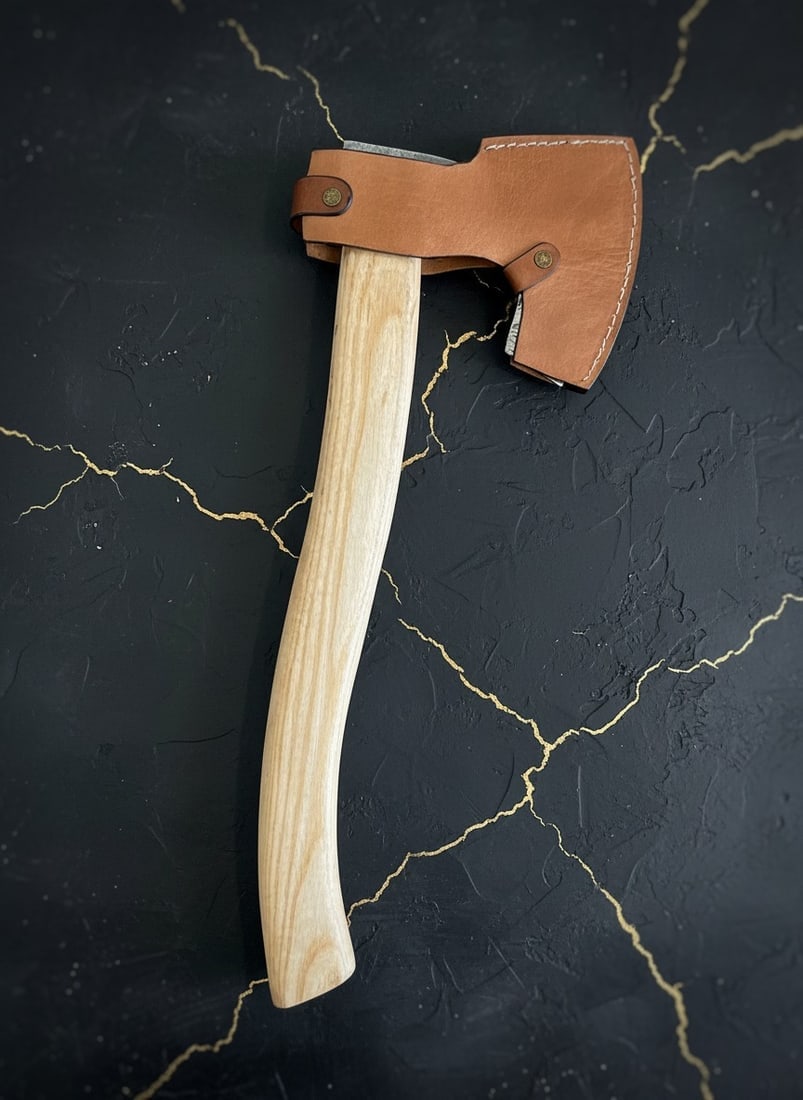 Hand-Forged 18" Damascus Steel Tomahawk Hatchet Wood Handle Leather Sheath - 3