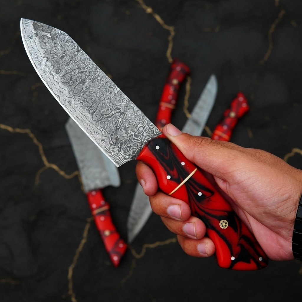 5pc Hand-Forged Damascus Steel Chef Knife Set Hammered Blade Leather Roll - 2
