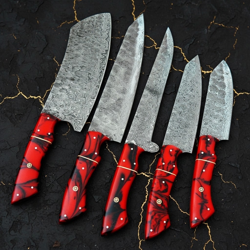5pc Hand-Forged Damascus Steel Chef Knife Set Hammered Blade Leather Roll - 3