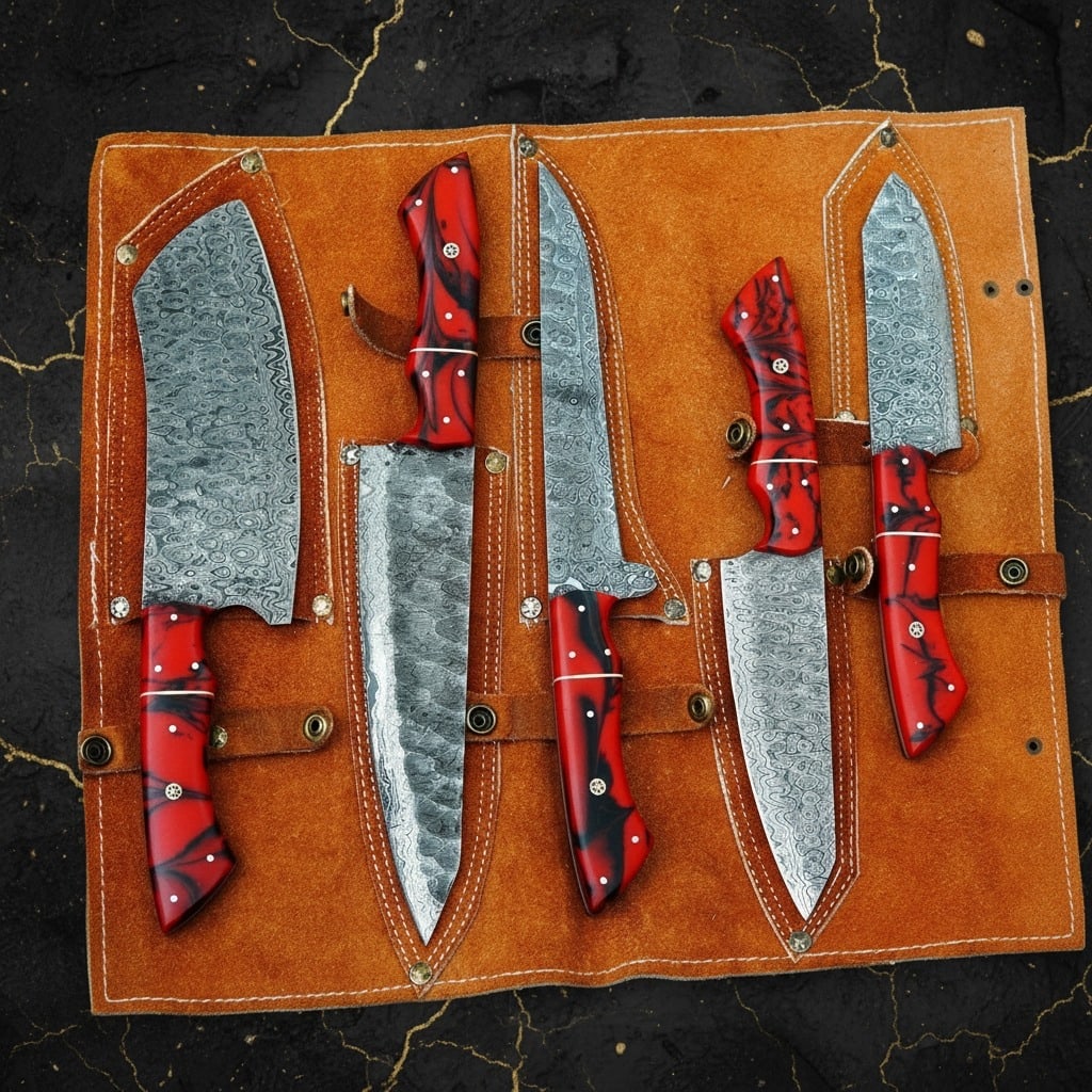 5pc Hand-Forged Damascus Steel Chef Knife Set Hammered Blade Leather Roll - 4