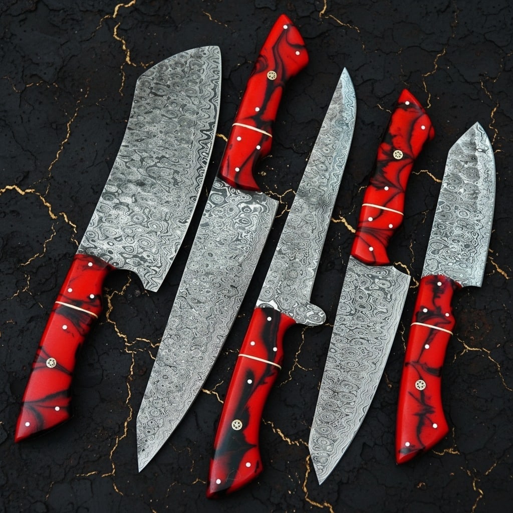 5pc Hand-Forged Damascus Steel Chef Knife Set Hammered Blade Leather Roll - 6