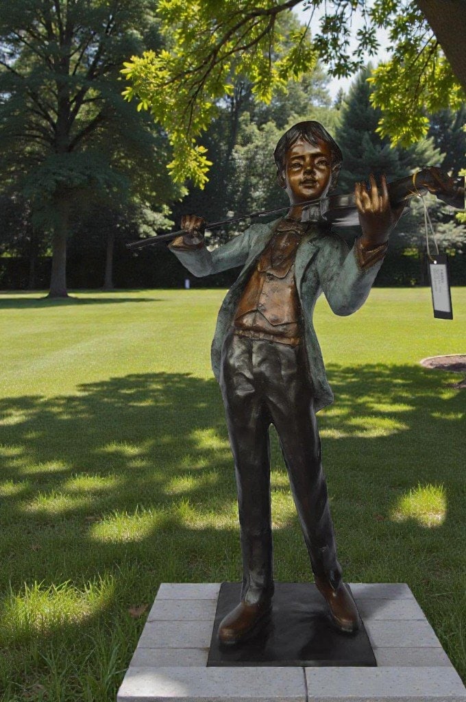 Boy playing violin large bronze statue - Size: 31"L x 31"W x 50"H. - 2