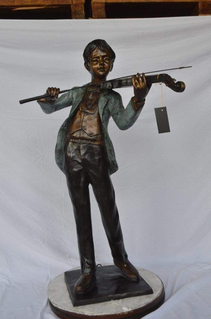 Boy playing violin large bronze statue - Size: 31"L x 31"W x 50"H. - 3