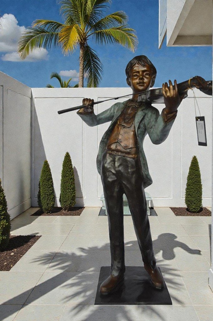 Boy playing violin large bronze statue - Size: 31"L x 31"W x 50"H. - 4